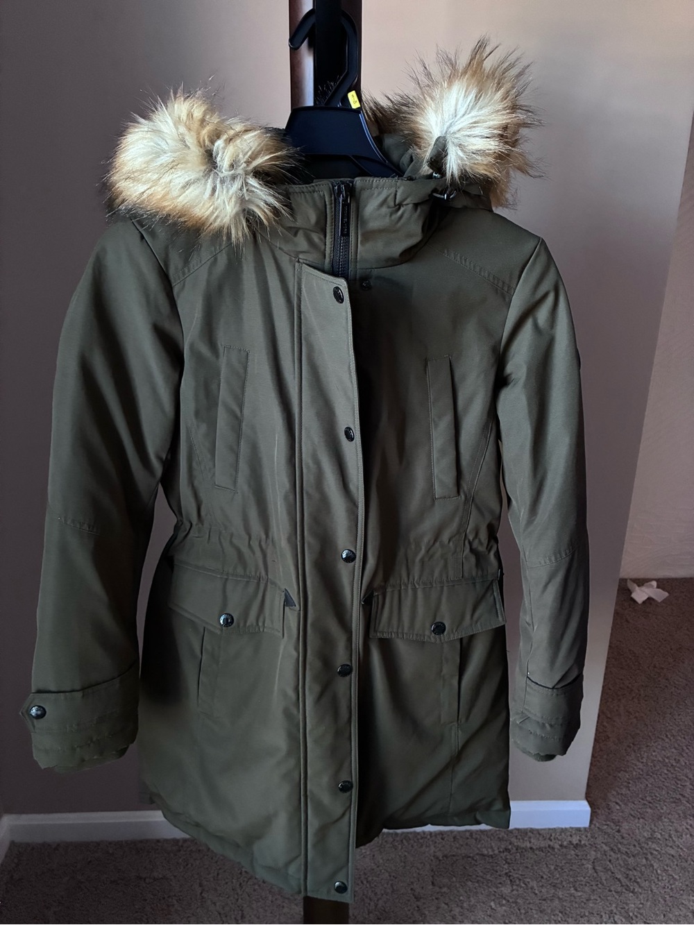 Michael Kors Olive Green Puffer Parka with Faux Fur Hood